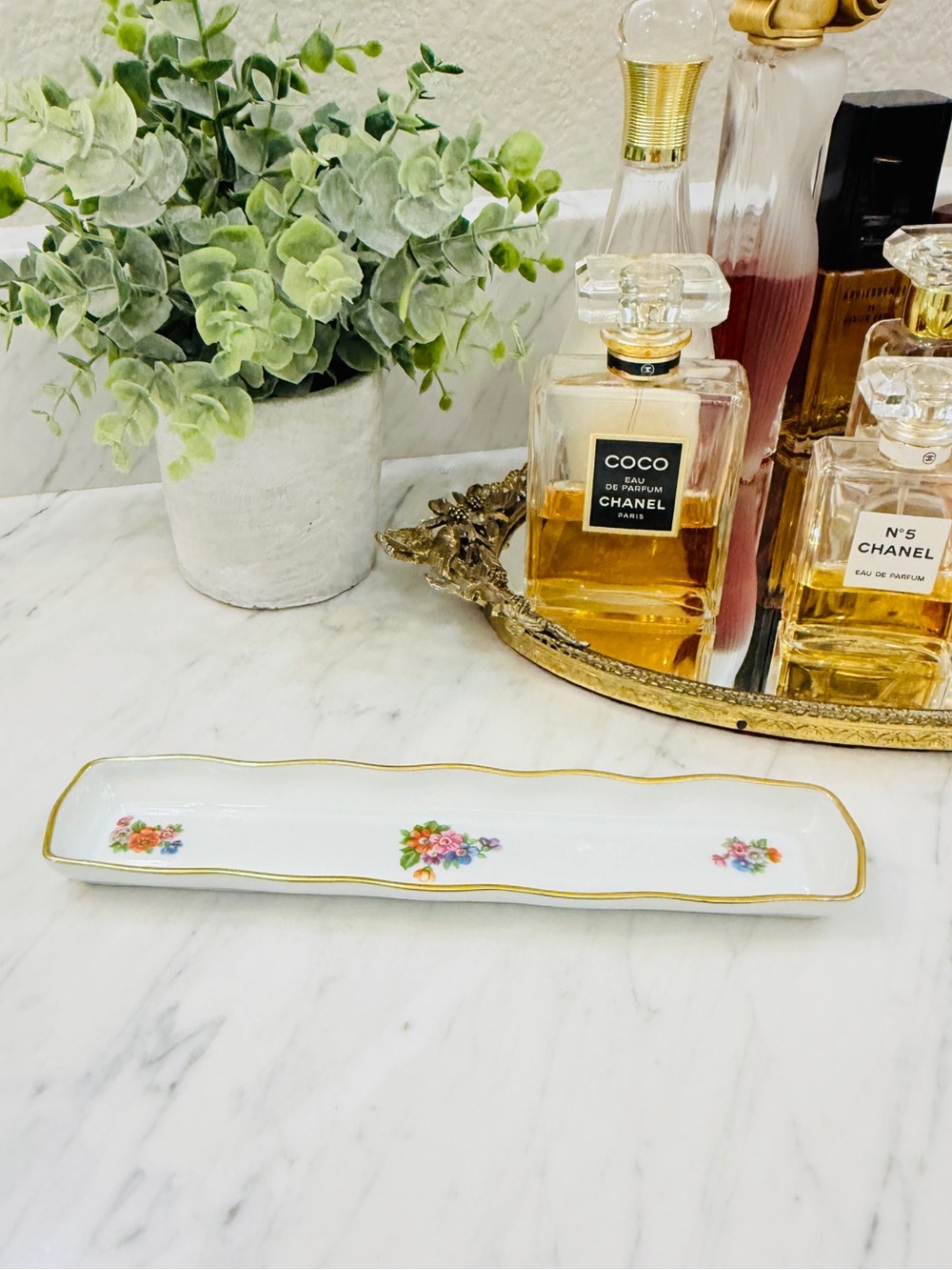 Vintage Limoges White Porcelain Floral Vanity Tray with Gold Trim